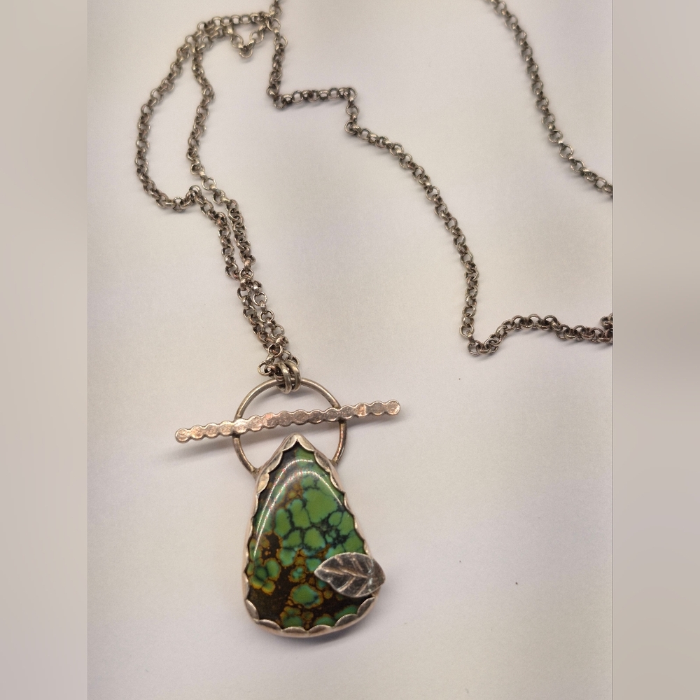 Handmade Green Turquoise And Silver Leaf Fairycore Nature Pendant Necklace